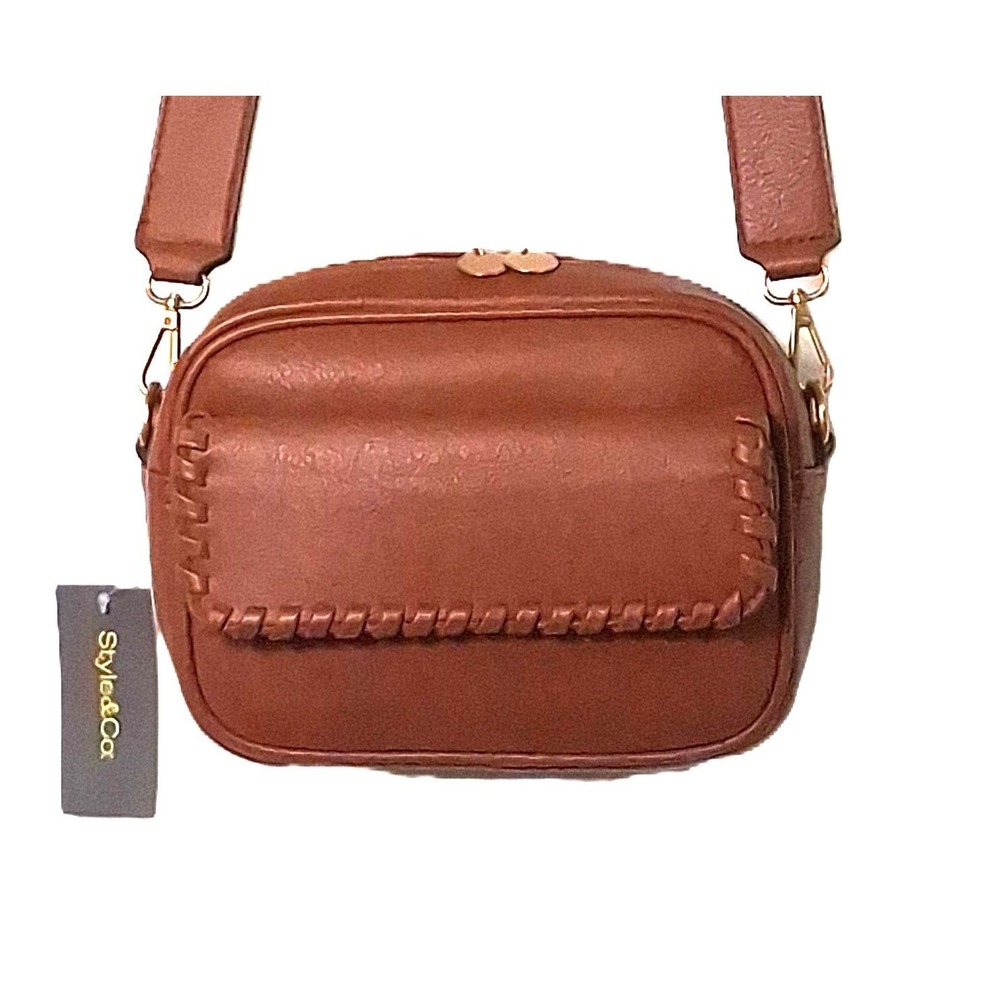 Style & Co. Brown Faux Leather Tortoise Shell Whipstitch Crossbody Camera Bag